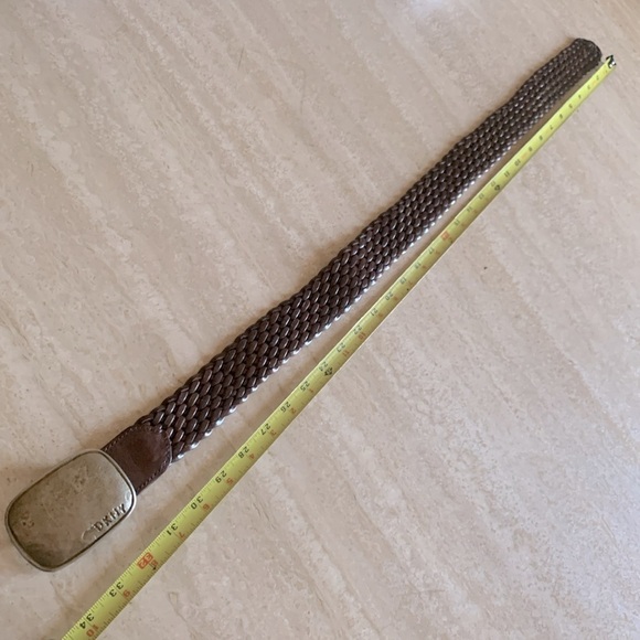 DKNY leather belt, hand-hammered brass monogramed buckle, Brown, woven. P/S EUC